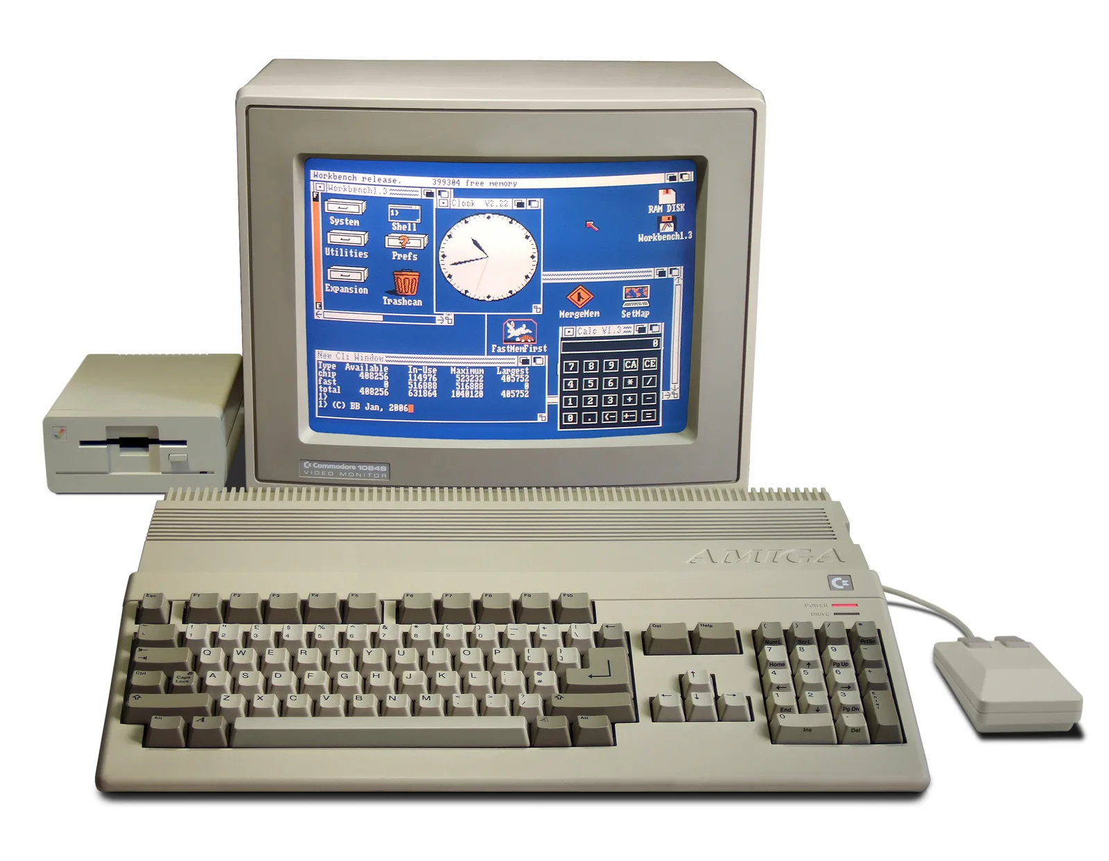 Amiga 500 con su monitor Commodore 1084S y una unidad de disquete externa