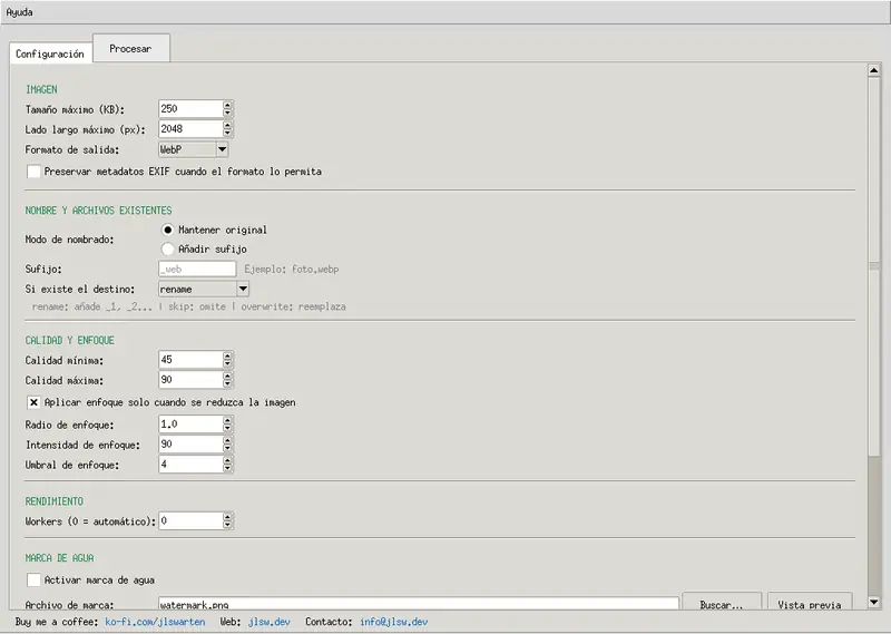 Alixeira, pestaña de configuración